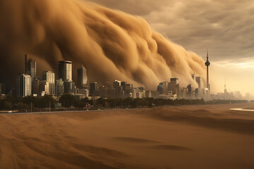  A panoramic view of a city skyline as a dust storm approaches, casting a yellowish hue and...