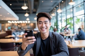 happy asian man takes a selfie on a smartphone against the background of a cafe