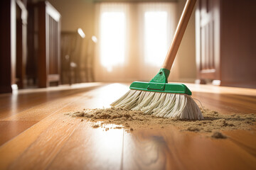 A dust mop glides across a hardwood floor, collecting dirt and dust particles as it makes its way from one end to the other - obrazy, fototapety, plakaty