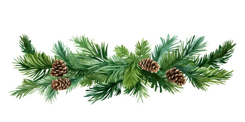 PNG Christmas banner. Pine tree branches garland on transparent background - obrazy, fototapety, plakaty