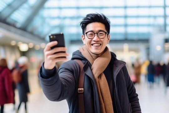 happy asian man takes a selfie on a smartphone against the background of a house