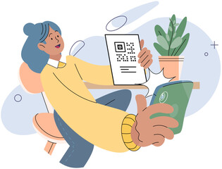 Woman touching mobile screen for payment by scan QR code to paying for online purchases. Contactless payment. People at shop or supermarket make transaction using smartphone app, mobile cashless