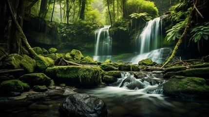 Majestic Tropical Waterfall Surrounded by Lush Green Rainforest generated by AI tool 