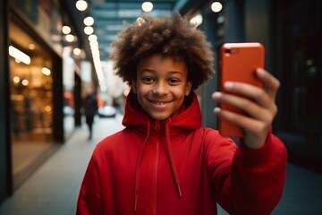 happy african american child boy takes a selfie on a smartphone against the background of a house