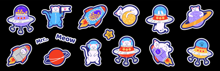 A set of cute stickers with cats. Vector illustration of stickers of pets in space in retro cartoon style.