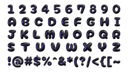 A set of letters, numbers and symbols in 3D style. Illustration of symbols in black on a white isolated background.