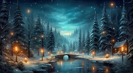 Bridge with lights on a river, snowy landscape with snow covered trees. Moon shining in a cold winter, calm, dreamy night. Romantic fantasy scenery for seasonal card, banner.
