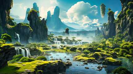 Whimsical floating islands, Fantasy landscape, Cascading waterfalls and verdant meadows,