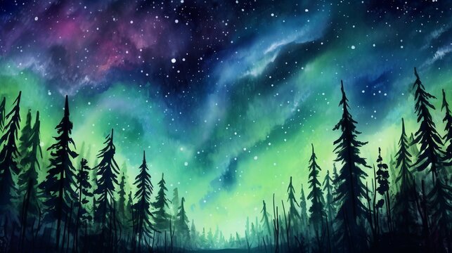 Dreamy Northern Lights Watercolor Painting with Forest