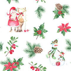 Christmas hand drawn seamless pattern with Santa Claus with and reindeer, cute snowman family and winter plants. Forest pine branches with cone, holly with red berries, poinsettia and cowberry or