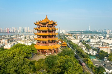 Aerial view of the historic Wuhan Yellow Crane Tower in Wuhan, China