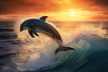 Dolphins jumping out of the ocean at sunset. 3d rendering, Playful dolphins jumping over breaking waves, AI Generated
