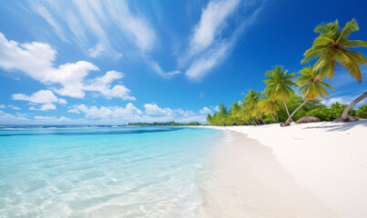 Naklejka premium Beautiful tropical beach at exotic island with palm trees.