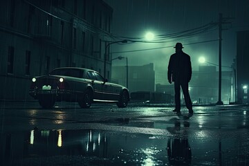 Man standing in the rain with a car on the street at night, policemen standing on the street corner overlooking a crime scene, cops in the big city, noir novel or film style, noir, AI Generated
