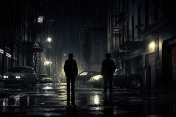 Silhouette of man in raincoat standing in the street at night, policemen standing on the street corner overlooking a crime scene, cops in the big city, noir novel or film style, AI Generated - obrazy, fototapety, plakaty