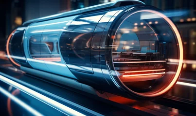 Foto op Canvas A futuristic train cabin levitates through a tunnel. A hyperloop capsule with a fully self-driving system. AI generated © trompinex