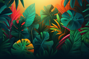 Tropical background with monstera leaves. 3d vector illustration