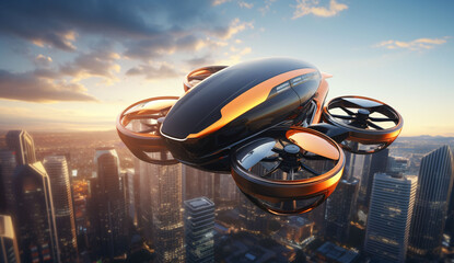 The flying vehicle of the future like a flying taxi over a big city. AI generated
