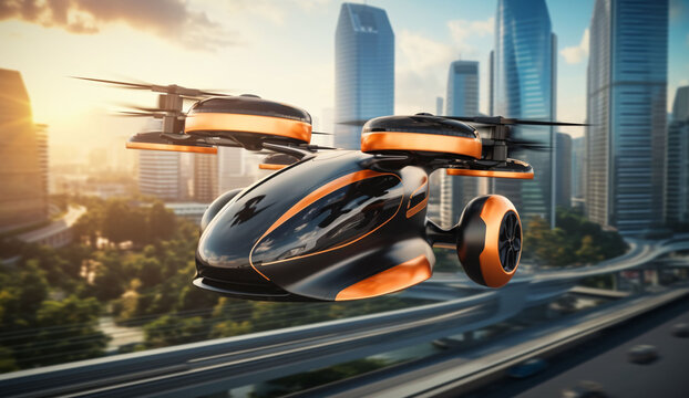 A vision of future air transport in a large city. Personal flying car or drone. AI digital