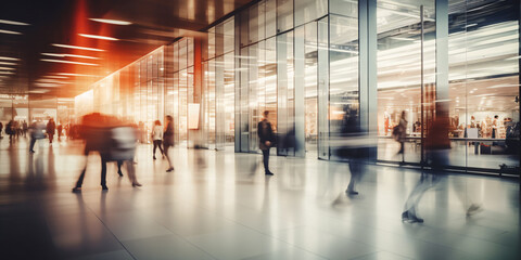 A modern shopping center with fast moving people with a blurred environment effect representing the speed of the action. Abstract blurred image background. digital Ai - obrazy, fototapety, plakaty