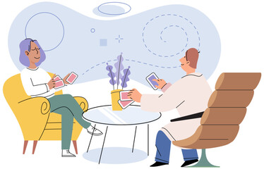 Friends playing cards sitting at table, happy family man and woman having good time together at home or cafe at weekend. Smiling people resting with gambling. Friendly family games. Entertainment