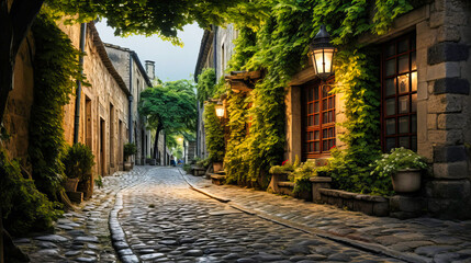 Quaint cobblestone alley, Old town charm, Stone walls with climbing ivy and lanterns - obrazy, fototapety, plakaty