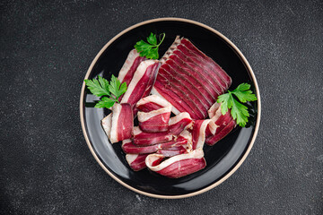 duck breast dried meat magret smoked jerky cured dried poultury fresh appetizer meal food snack on...