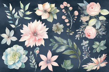 Watercolor lavender flowers set. Hand drawn illustration isolated on white background