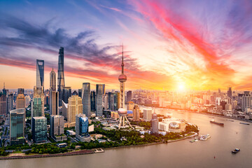 City skyscraper building complex landscape in Shanghai at sunrise