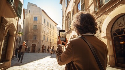 Obraz premium Smiling cheerful travel vlogger influencer streaming online lives to his followers during his journey travel in beautiful urban downtown travel destination travel ideas concept