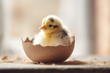 Cute little yellow chickens in eggshell on table, closeup
