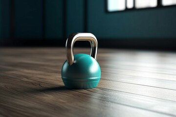 Blue kettlebell on a wooden floor in a gym. 3d rendering