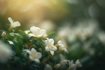 Beautiful white flowers in the garden in the sunlight. Selective focus.