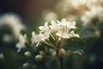 Beautiful white flowers in the garden in the sunlight. Selective focus.