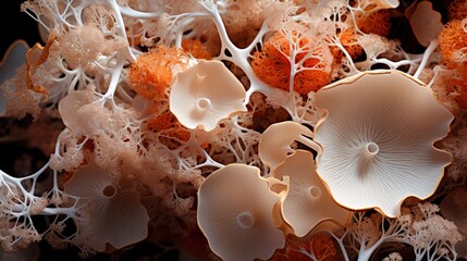 Witness the power of fungi up close; the mycelium's network is a macro masterpiece in the study of mycology. - obrazy, fototapety, plakaty