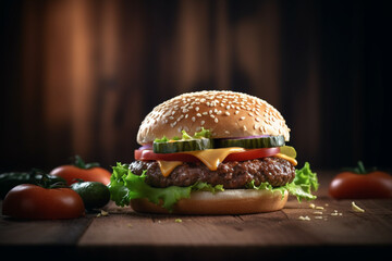 Big hamburger with fresh vegetables on wooden table. Toned image