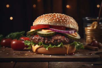 Big hamburger with fresh vegetables on wooden table. Toned image