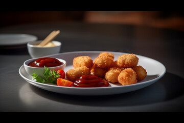 Deep fried chicken nuggets served with ketchup and mayonnaise