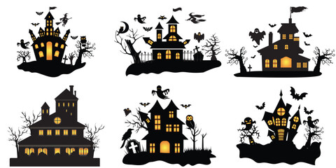 Haunted House silhouette collection. Set of scary house for Halloween. Halloween Haunted house silhouette