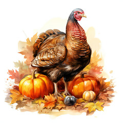 Happy Thanksgiving cartoon watercolour image. turkey, pumpkins, autumn leaves, isolated on white background.