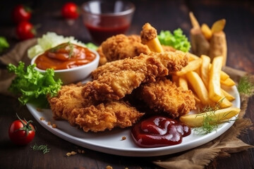 Deep fried chicken nuggets served with ketchup and mayonnaise