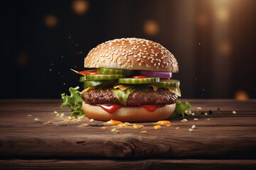 Big hamburger with fresh vegetables on wooden table. Toned image