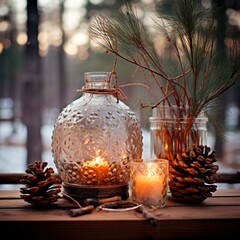 The festive harmony of twinkling Christmas decorations and soft candlelight on this New Year background creates a cozy atmosphere with ample copy space for joyful holiday sentiments.