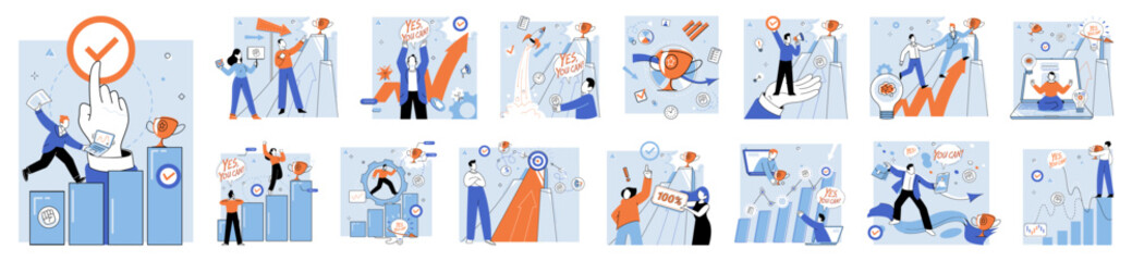 Business solution vector illustration. Motivation is driving force propels individuals and teams to succeed in business endeavors Success in business world is achieved by identifying strengths