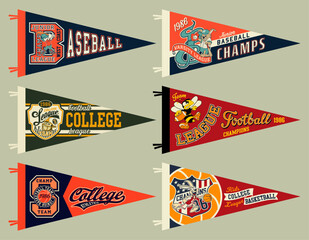 Cute mascot character college athletic department basketball American football  baseball elements vintage pennant flags vector collection for children t shirt print or embroidery applique - obrazy, fototapety, plakaty