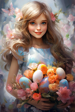 Easter watercolor illustration of a young girl with flowers and eggs, painting in pastel colors