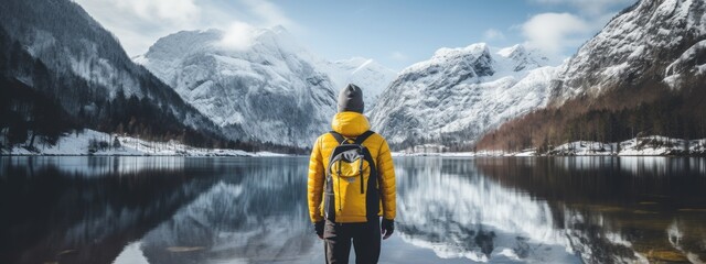 beautiful stunning impressive winter lake landscape with snow mountain reflecting water clam lake with a backpacker person traveller in jacket travel nature background concept - obrazy, fototapety, plakaty