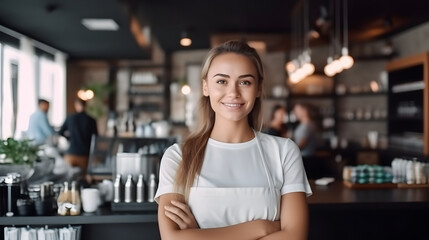 Portrait of attractive woman working in a modern cafe 