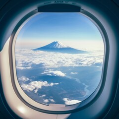 great mountain landscpae view with blue clear sky from airplane cabin transportation with beautiful view