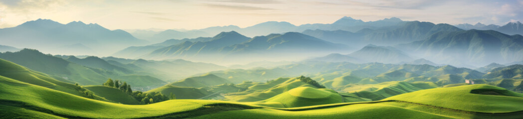 Outdoor banner landscape surrounded by hills, done in light green and light amber colors, softly organic, dreamy and romantic. In the style of historical romanticism, soft focus technique